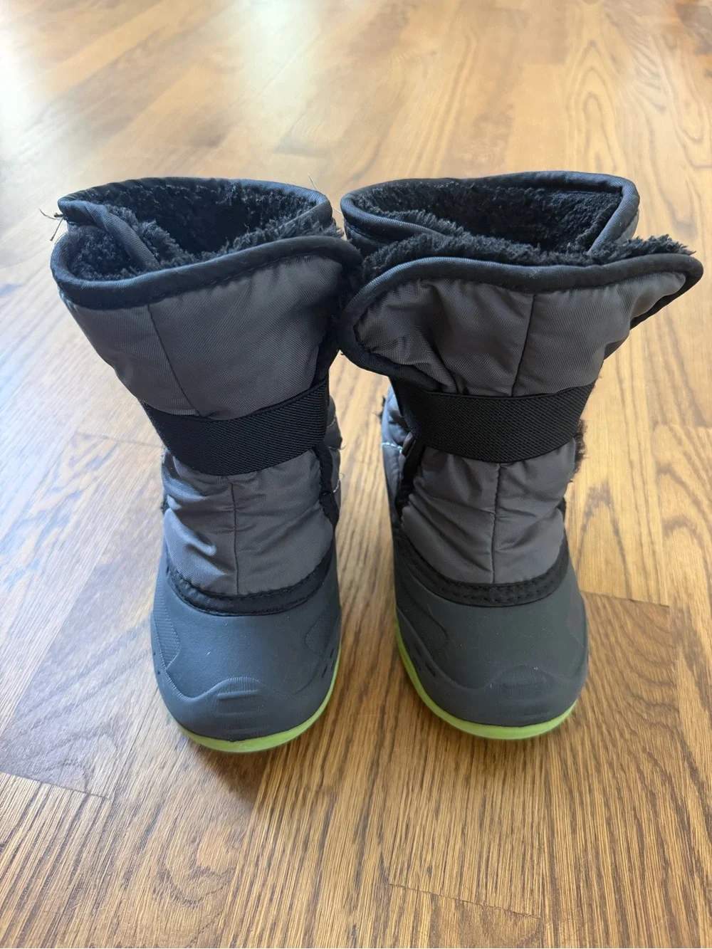 Kamik Snowbug 5 insulated winter boots in grey and lime green, toddler size 10